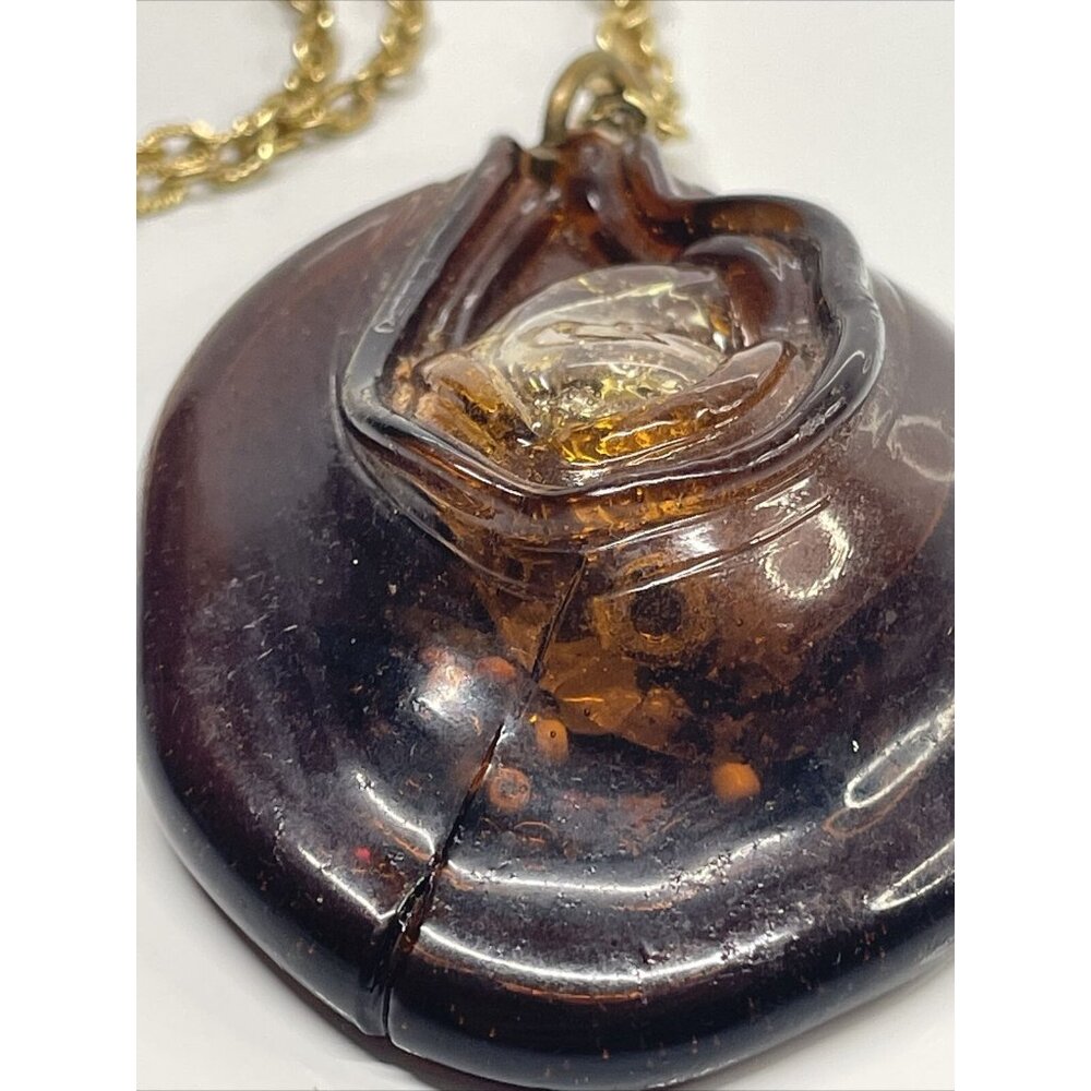 Unique Faux Amber Plastic Pendant Necklace w/ beads embedded 24” Gold Tone Chain - Picture 4 of 9